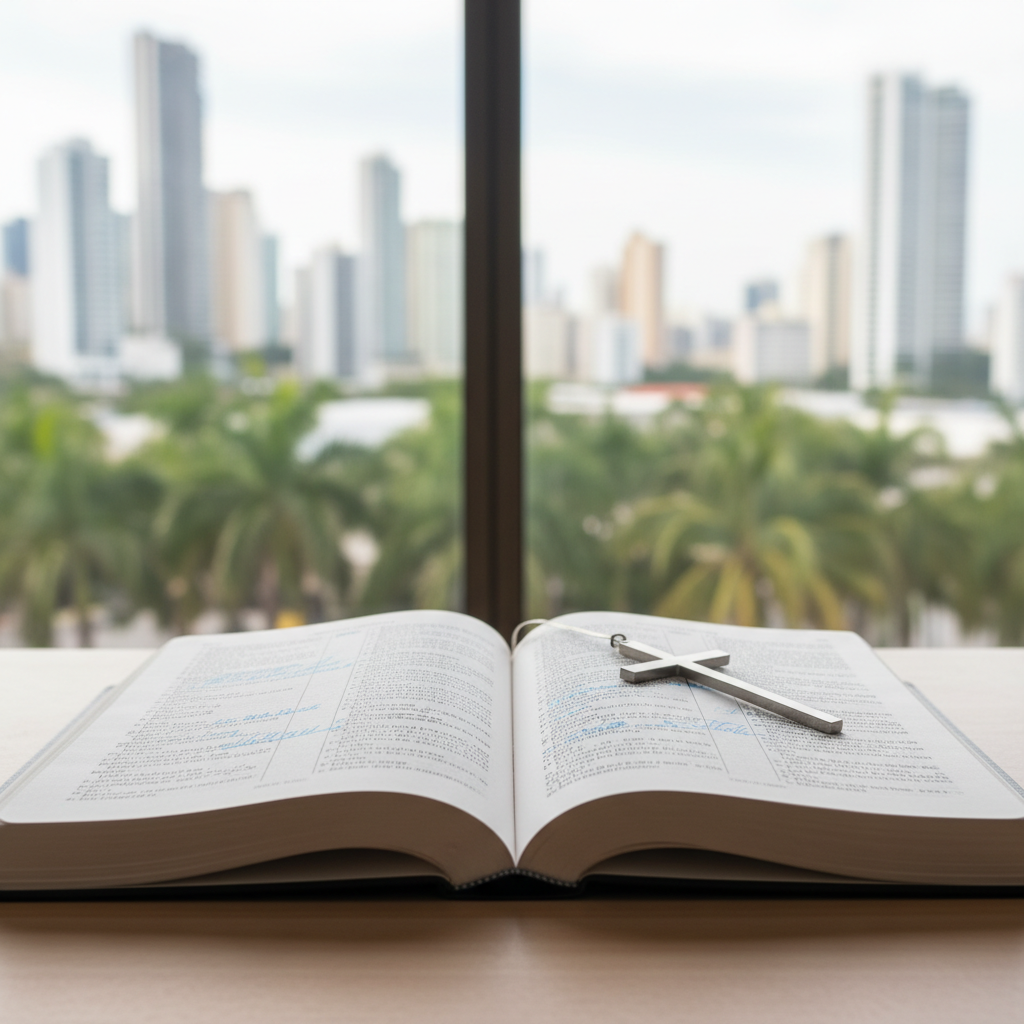 A close-up of an open bilingual Bible resting on a light wooden table, one page in English and the facing page in Spanish, with clearly legible text underlined in soft blue ink. A slim silver cross bookmark with a brushed finish lies diagonally across the crease. In the background, out of focus, a large window reveals a hint of Panama City high-rises and palm trees under a bright but slightly overcast sky. Soft natural daylight pours in, creating gentle highlights on the thin, slightly textured pages. Photographic realism, shallow depth of field, warm and contemplative atmosphere, composed with the Bible centered and ample negative space, symbolizing a bridge between languages and cultures.